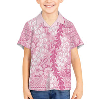 Pink Puakenikeni and Maile Lei Family Matching Long Sleeve Bodycon Dress and Hawaiian Shirt Hawaiian Style Tribal Tapa Double Strand Lei LT9 Son's Shirt Pink - Polynesian Pride
