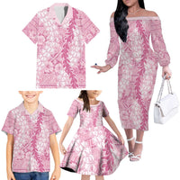 Pink Puakenikeni and Maile Lei Family Matching Off The Shoulder Long Sleeve Dress and Hawaiian Shirt Hawaiian Style Tribal Tapa Double Strand Lei LT9 - Polynesian Pride