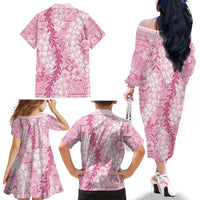 Pink Puakenikeni and Maile Lei Family Matching Off The Shoulder Long Sleeve Dress and Hawaiian Shirt Hawaiian Style Tribal Tapa Double Strand Lei LT9 - Polynesian Pride