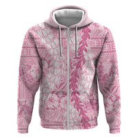 Pink Puakenikeni and Maile Lei Hoodie Hawaiian Style Tribal Tapa Double Strand Lei LT9 Zip Hoodie Pink - Polynesian Pride