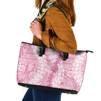 Pink Puakenikeni and Maile Lei Leather Tote Bag Hawaiian Style Tribal Tapa Double Strand Lei LT9 Pink - Polynesian Pride