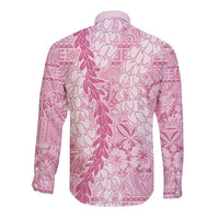 Pink Puakenikeni and Maile Lei Long Sleeve Button Shirt Hawaiian Style Tribal Tapa Double Strand Lei LT9 - Polynesian Pride