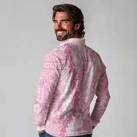 Pink Puakenikeni and Maile Lei Long Sleeve Polo Shirt Hawaiian Style Tribal Tapa Double Strand Lei LT9 - Polynesian Pride