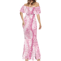 Pink Puakenikeni and Maile Lei Mermaid Dress Hawaiian Style Tribal Tapa Double Strand Lei LT9 - Polynesian Pride