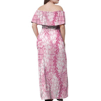 Pink Puakenikeni and Maile Lei Off Shoulder Maxi Dress Hawaiian Style Tribal Tapa Double Strand Lei LT9 - Polynesian Pride