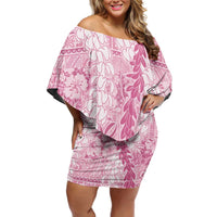 Pink Puakenikeni and Maile Lei Off Shoulder Short Dress Hawaiian Style Tribal Tapa Double Strand Lei LT9 Women Pink - Polynesian Pride