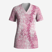 Pink Puakenikeni and Maile Lei Scrub Top Hawaiian Style Tribal Tapa Double Strand Lei LT9 Adult Pink - Polynesian Pride