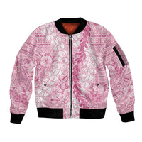 Pink Puakenikeni and Maile Lei Sleeve Zip Bomber Jacket Hawaiian Style Tribal Tapa Double Strand Lei LT9 Unisex Pink - Polynesian Pride