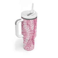 Pink Puakenikeni and Maile Lei Tumbler With Handle Hawaiian Style Tribal Tapa Double Strand Lei LT9 - Polynesian Pride