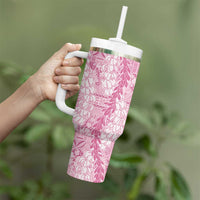 Pink Puakenikeni and Maile Lei Tumbler With Handle Hawaiian Style Tribal Tapa Double Strand Lei LT9 - Polynesian Pride