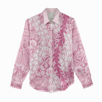 Pink Puakenikeni and Maile Lei Women Casual Shirt Hawaiian Style Tribal Tapa Double Strand Lei