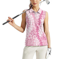 Pink Puakenikeni and Maile Lei Women Sleeveless Polo Shirt Hawaiian Style Tribal Tapa Double Strand Lei LT9 - Polynesian Pride