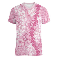 Pink Puakenikeni and Maile Lei Women V-Neck T-Shirt Hawaiian Style Tribal Tapa Double Strand Lei LT9 Female Pink - Polynesian Pride