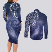 New Zealand Galaxy Fern Couples Matching Long Sleeve Bodycon Dress and Long Sleeve Button Shirt LT9 - Polynesian Pride
