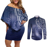 New Zealand Galaxy Fern Couples Matching Off Shoulder Short Dress and Long Sleeve Button Shirt LT9 Galaxy - Polynesian Pride