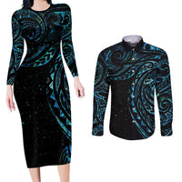 New Zealand Tribal Tattoo Couples Matching Long Sleeve Bodycon Dress and Long Sleeve Button Shirt With Matariki Art LT9 Galaxy - Polynesian Pride