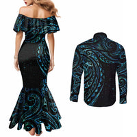 New Zealand Tribal Tattoo Couples Matching Mermaid Dress and Long Sleeve Button Shirt With Matariki Art LT9 - Polynesian Pride