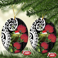 New Zealand Kakapo Christmas Ceramic Ornament Meri Kirihimete Pohutukawa Flowers LT9 Oval Black - Polynesian Pride