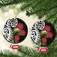 New Zealand Kakapo Christmas Ceramic Ornament Meri Kirihimete Pohutukawa Flowers LT9 Circle Black - Polynesian Pride