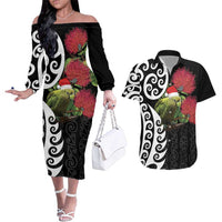 New Zealand Kakapo Christmas Couples Matching Off The Shoulder Long Sleeve Dress and Hawaiian Shirt Meri Kirihimete Pohutukawa Flowers LT9 Black - Polynesian Pride