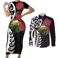 New Zealand Kakapo Christmas Couples Matching Short Sleeve Bodycon Dress and Long Sleeve Button Shirt Meri Kirihimete Pohutukawa Flowers LT9 Black - Polynesian Pride
