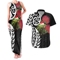 New Zealand Kakapo Christmas Couples Matching Tank Maxi Dress and Hawaiian Shirt Meri Kirihimete Pohutukawa Flowers LT9 Black - Polynesian Pride