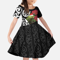 New Zealand Kakapo Christmas Family Matching Summer Maxi Dress and Hawaiian Shirt Meri Kirihimete Pohutukawa Flowers LT9 Daughter's Dress Black - Polynesian Pride