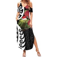New Zealand Kakapo Christmas Family Matching Summer Maxi Dress and Hawaiian Shirt Meri Kirihimete Pohutukawa Flowers LT9 Mom's Dress Black - Polynesian Pride