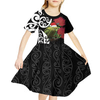 New Zealand Kakapo Christmas Kid Short Sleeve Dress Meri Kirihimete Pohutukawa Flowers LT9 - Polynesian Pride