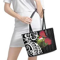 New Zealand Kakapo Christmas Leather Tote Bag Meri Kirihimete Pohutukawa Flowers LT9 - Polynesian Pride