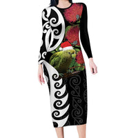 New Zealand Kakapo Christmas Long Sleeve Bodycon Dress Meri Kirihimete Pohutukawa Flowers LT9 Long Dress Black - Polynesian Pride