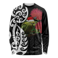 New Zealand Kakapo Christmas Long Sleeve Shirt Meri Kirihimete Pohutukawa Flowers LT9 Unisex Black - Polynesian Pride