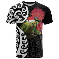 New Zealand Kakapo Christmas T Shirt Meri Kirihimete Pohutukawa Flowers LT9 Black - Polynesian Pride