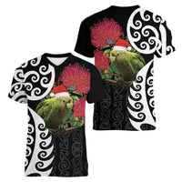 New Zealand Kakapo Christmas Women V-Neck T-Shirt Meri Kirihimete Pohutukawa Flowers LT9 - Polynesian Pride