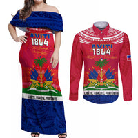 Haiti Independence Day Couples Matching Off Shoulder Maxi Dress and Long Sleeve Button Shirt Libete Egalite Fratenite Ayiti 1804 With Polynesian Pattern LT9 Red - Polynesian Pride