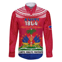Haiti Independence Day Family Matching Off Shoulder Short Dress and Hawaiian Shirt Libete Egalite Fratenite Ayiti 1804 With Polynesian Pattern LT9 Dad's Shirt - Long Sleeve Red - Polynesian Pride