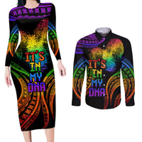 Personalised Its In My DNA Valentine Day Couples Matching Long Sleeve Bodycon Dress and Long Sleeve Button Shirt Fingerprint Heart with Color Pride Flag LT9 No Dress - Polynesian Pride