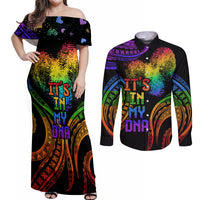 Personalised Its In My DNA Valentine Day Couples Matching Off Shoulder Maxi Dress and Long Sleeve Button Shirt Fingerprint Heart with Color Pride Flag LT9 No Dress - Polynesian Pride