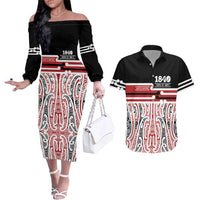 Personalised Toitu Te Tiriti Aotearoa 1840 Couples Matching Off The Shoulder Long Sleeve Dress and Hawaiian Shirt Red Kowhaiwhai Puhoro LT9 Black - Polynesian Pride