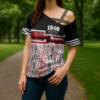 Personalised Toitu Te Tiriti Aotearoa 1840 Cross Shoulder Shirt Red Kowhaiwhai Puhoro LT9 - Polynesian Pride