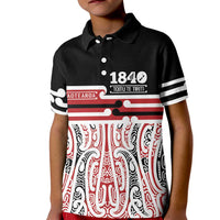 Personalised Toitu Te Tiriti Aotearoa 1840 Kid Polo Shirt Red Kowhaiwhai Puhoro LT9 Kid Black - Polynesian Pride