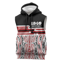 Personalised Toitu Te Tiriti Aotearoa 1840 Sleeveless Hoodie Red Kowhaiwhai Puhoro LT9 Black - Polynesian Pride