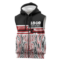 Personalised Toitu Te Tiriti Aotearoa 1840 Sleeveless Zip Hoodie Red Kowhaiwhai Puhoro LT9 Black - Polynesian Pride