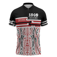 Personalised Toitu Te Tiriti Aotearoa 1840 Zipper Polo Shirt Red Kowhaiwhai Puhoro LT9 Black - Polynesian Pride