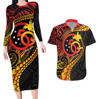 Papua New Guinea Tribal Tattoo Couples Matching Long Sleeve Bodycon Dress and Hawaiian Shirt 50th Independence Anniversary LT9 Black - Polynesian Pride