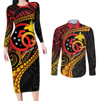 Papua New Guinea Tribal Tattoo Couples Matching Long Sleeve Bodycon Dress and Long Sleeve Button Shirt 50th Independence Anniversary LT9 Black - Polynesian Pride