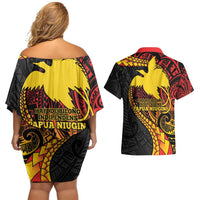 Papua New Guinea Tribal Tattoo Couples Matching Off Shoulder Short Dress and Hawaiian Shirt 50th Independence Anniversary LT9 - Polynesian Pride