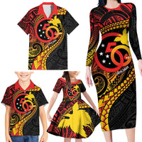 Papua New Guinea Tribal Tattoo Family Matching Long Sleeve Bodycon Dress and Hawaiian Shirt 50th Independence Anniversary LT9 - Polynesian Pride