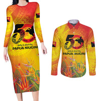Papua New Guinea Unity in Diversity Couples Matching Long Sleeve Bodycon Dress and Long Sleeve Button Shirt 50th Indipendens Papua Niugini LT9 Gold - Polynesian Pride
