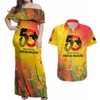 Papua New Guinea Unity in Diversity Couples Matching Off Shoulder Maxi Dress and Hawaiian Shirt 50th Indipendens Papua Niugini LT9 Gold - Polynesian Pride